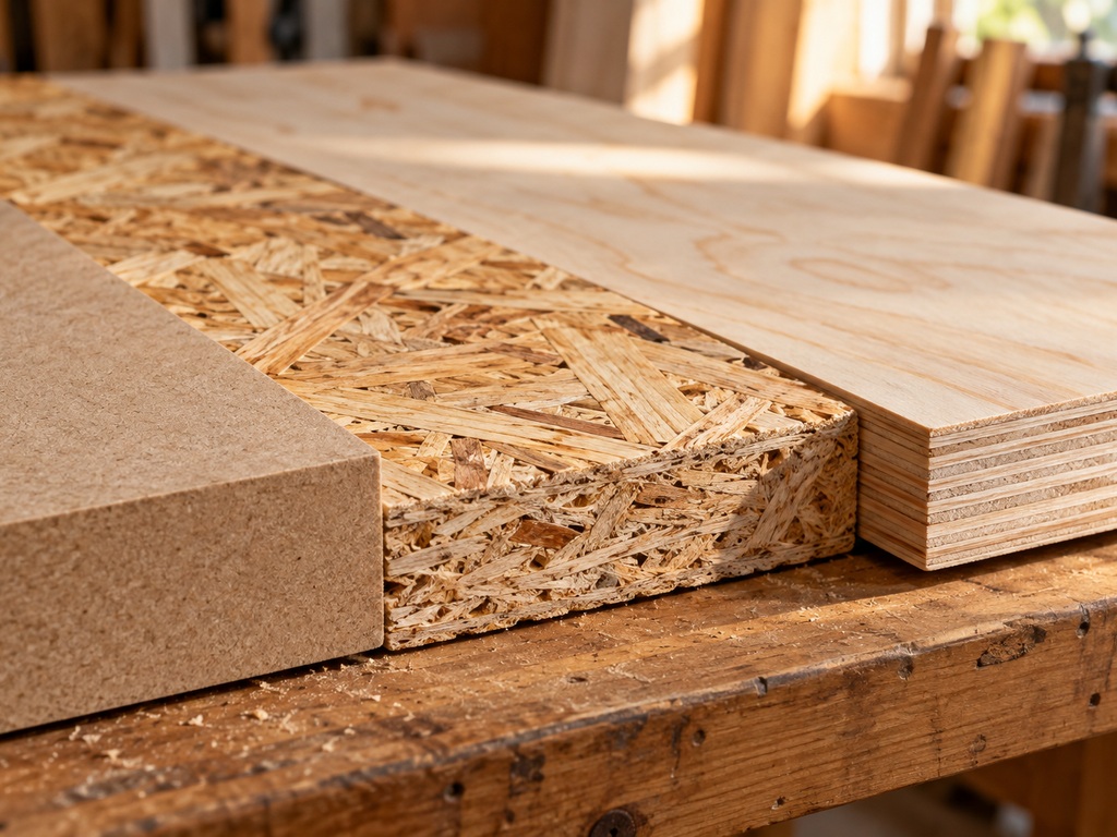 Ενδεικτικά δείγματα MDF, OSB και κόντρα πλακέ πάνω σε ξύλινο πάγκο