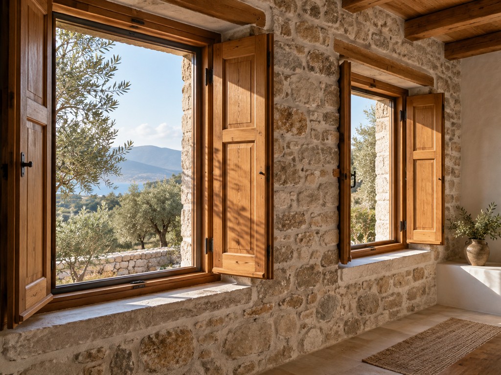 Ενδεικτικά ξύλινα παράθυρα και παντζούρια σε πέτρινη κατοικία